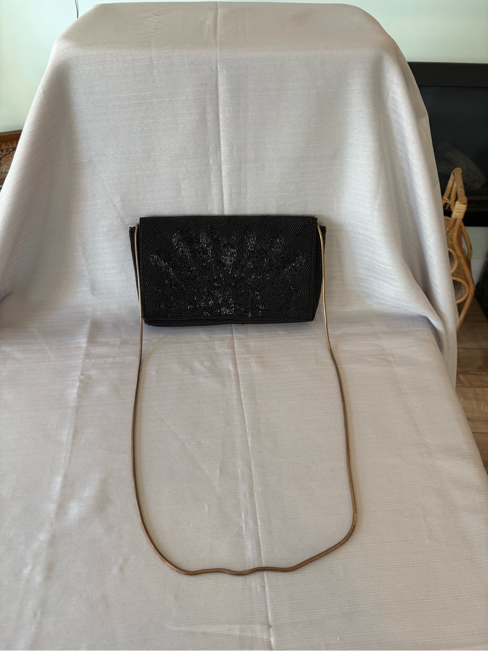 Vintage Black Beaded Crossbody Bag with Gold Chain